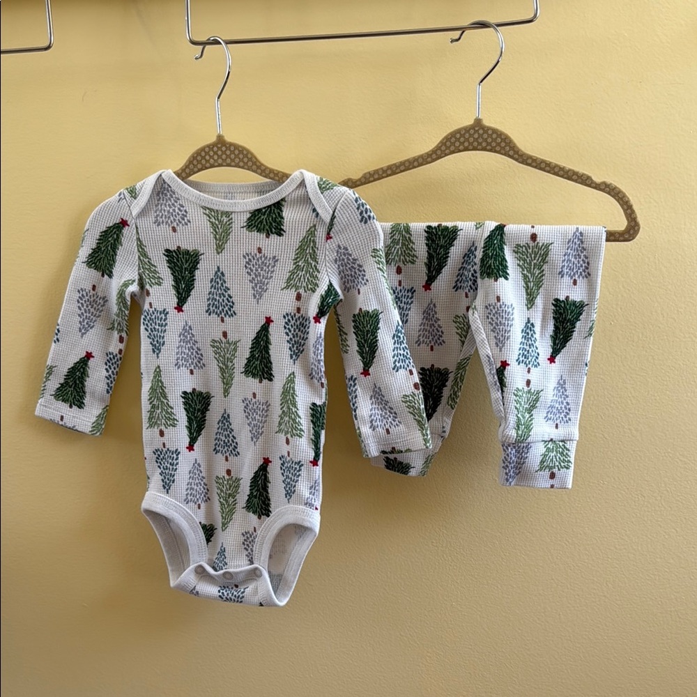 Festive Tree Print Baby Onesie and Pants Set